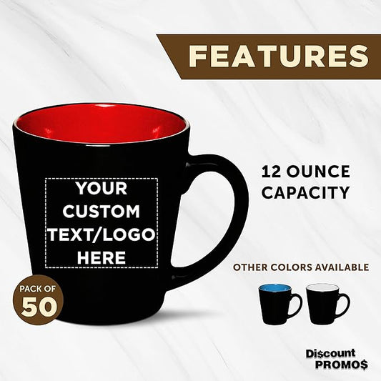 Custom Ceramic Coffee Latte Mugs 12 oz. Set of 50, Personalized Bulk Pack - Perfect for Coffee, Tea, Espresso, Hot Cocoa, Other Beverages - Red