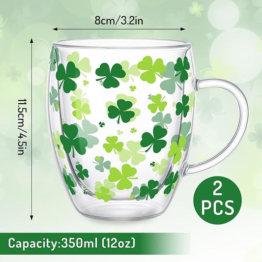 JarThenaAMCS St. Patrick's Day Coffee Mugs with Handle Shamrock Double Wall Glass Insulated Glasses 12Oz Clear Espresso Cups for Cappuccino Latte Tea Home Holiday Supplies, Set of 2