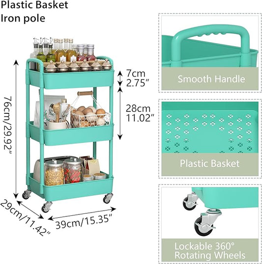 Sywhitta 3-Tier Plastic Rolling Utility Cart with Handle, Multi-Functional Storage Trolley for Office, Living Room, Kitchen, Movable Storage Organizer with Wheels, Green