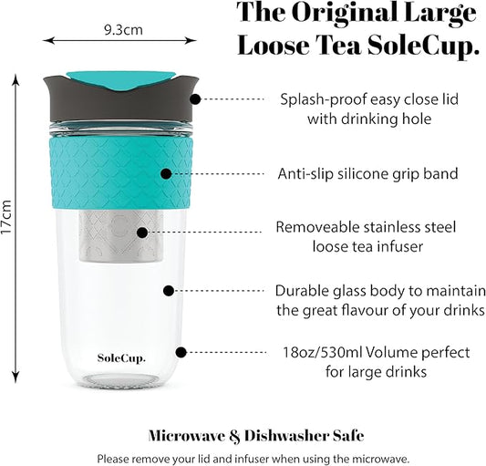 Large Travel Mug Loose Tea Infuser - Detachable Tea Strainer with Spill Proof Lid - 18oz/530ml BPA-Free Reusable Glass Travel Coffee Cup with Silicone Band (Gray and Blue, 18oz)