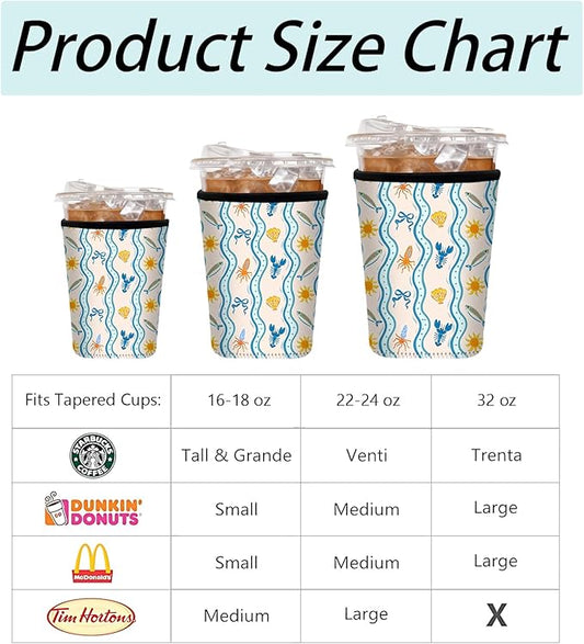 Neoprene Iced Coffee Sleeve 3 Pack, Reusable Insulated Cup Holder with Cute Ocean Pattern, Fits 16–32 oz Tumblers, Compatible with Starbucks & Dunkin, Drink Sleeves for Iced Coffee
