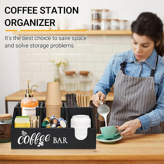 Rustic Coffee Bar Organizer - Wooden Coffee Pod Holder & Cup Storage Basket for Counter - K-Cup Sugar & Tea Condiment Organizer