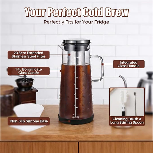 Cold Brew Coffee Maker 1.4L/48oz with Handle, Extended Stainless Steel Filter for Deep Extraction, Iced Tea Pitcher with Non-Slip Base Includes Cleaning Brush & Long Stirring Spoon