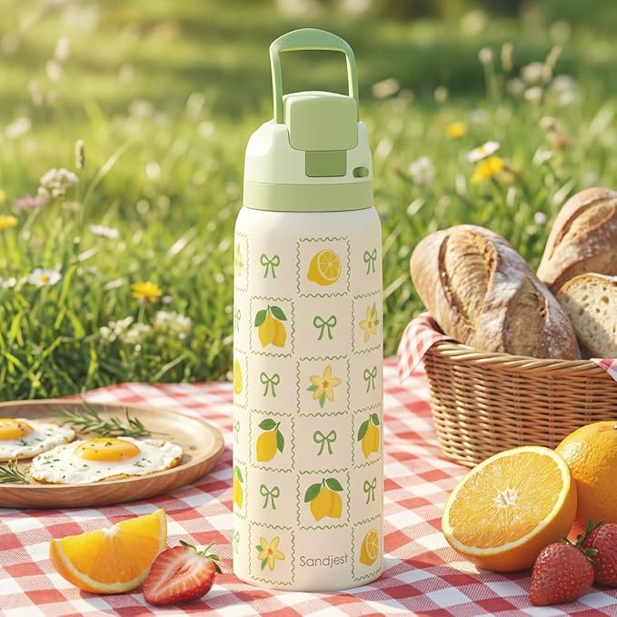 Lemon Stainless Steel Water Bottle, Vacuum Insulated, Push-Button Lid, 32 oz, Gifts for Women Girls Friends Teens Birthday Christmas