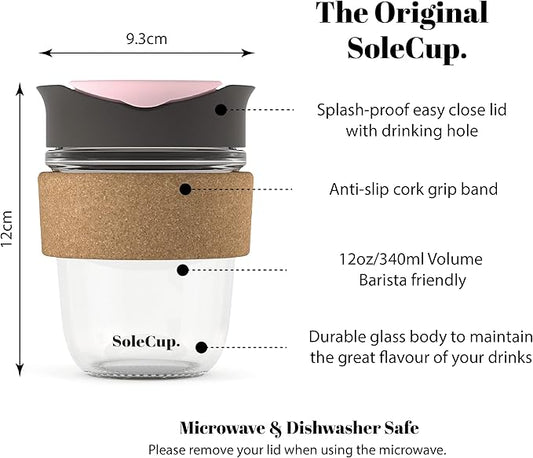 Reusable Strengthened Glass Travel Cup - Spill Proof Insulated Coffee Mug - 12oz/340ml BPA-Free Hot Drink Travel Mug with Lid & Cork Band (Gray and Pink, 12oz)