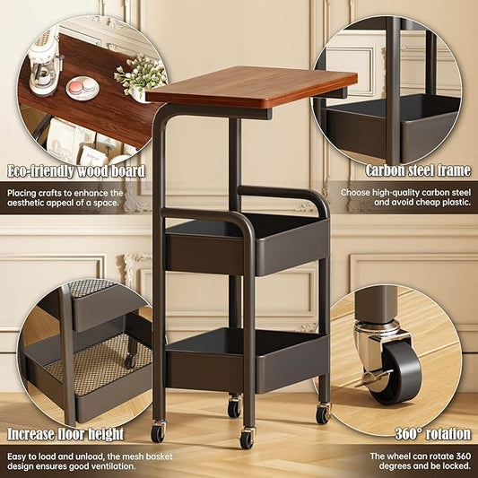 3 Tier Metal Rolling Utility Cart Organizer with Walnut Table Top, Stable and Sturdy Rolling Storage Carts with 2 Lockable Wheels for Kitchen,Bathroom,Snacks,Coffee,Craft,Makeup,Baby Essentials