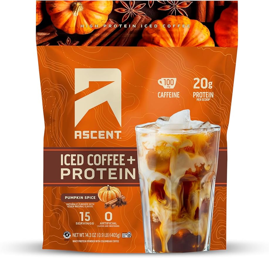 Ascent Iced Coffee Protein Powder - High Protein Coffee Powder, 20 g Protein & 100 mg Caffeine - 15 Servings, Pumpkin Spice