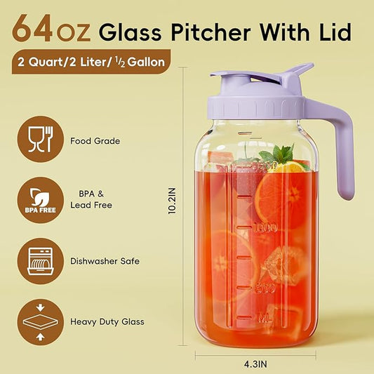 Glass Mason Jar Pitcher, 64 oz Wide Mouth Jug with Pour Spout Handle Lid for Cold Brew Coffee, Ice Beverage, Iced Juice, Lemonade, Sun Tea, Fruit Drinks Container(Purple)
