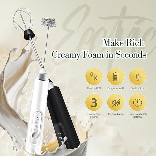 Milk Frother Hand Mixer, Rechargeable Electric Whisk, Cordless Handheld Foam Stirrer with 2 Heads 3 Speeds, For Latte, Cappuccino, Hot Chocolate, Egg, Protein Powder (Black)