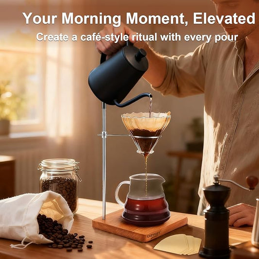 COZYGIFT Pour Over Coffee Maker Stand with Solid Cherry Base, Stainless Steel Adjustable Dripper Holder, Wooden Brewing Station, Cone Brewer Rack, Barista Accessories & Kitchen Coffee Décor