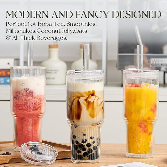 KEMORELA 28 oz Double Wall Glass Tumblers Set of 2, Extra-Wide 13mm Reusable Glass Drinking Straws, Boba Tumbler, Wide-Mouth Water Cups for Iced Coffee, Smoothies, Boba & Tea Lovers (Ribbed)