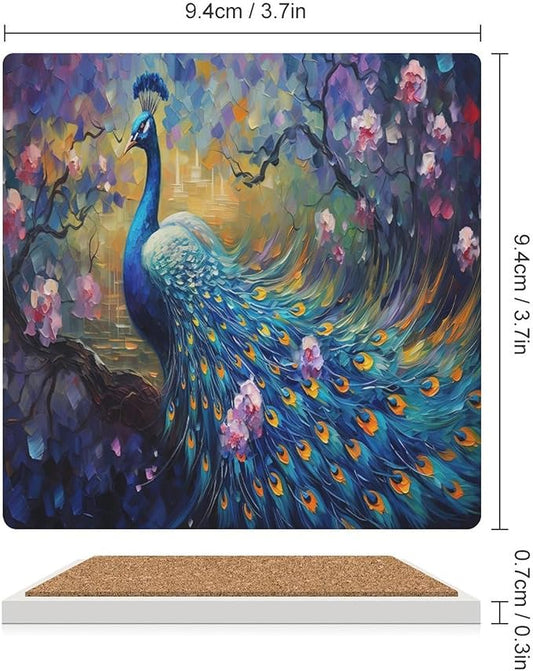 Square-6PCS Peacock Drink Coasters, Square Modern Ceramic Absorbent Coasters, Vintage Watercolor Style Floral Beautiful Blue Peacock Decor Desk Coffee Table Coaster for Beverage Cup Tea Coasters