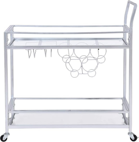 FirsTime & Co. Silver Delilah Bar Cart, 2 Tier Mobile Mini Bar, Kitchen Serving Cart and Coffee Station with Storage for Wine and Glasses, Metal and Glass, Modern