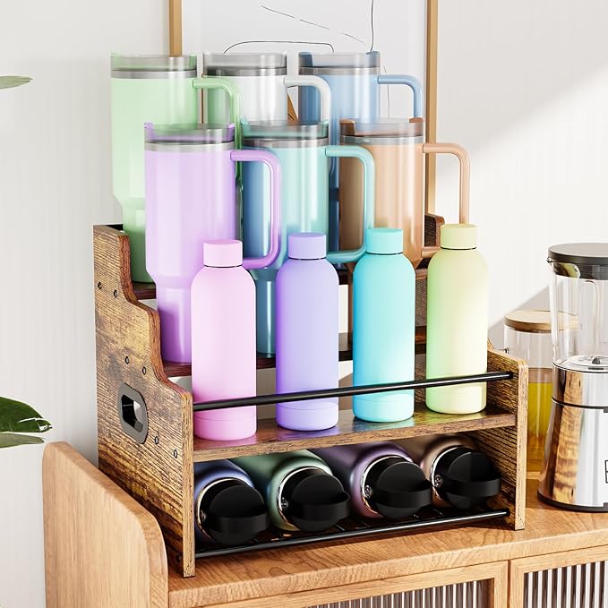 KLM 4-Tier Wood Display Shelf, Black Modern Bottle Organizer, Countertop Bar Stand for Liquor, Coffee Syrup, (Brown)