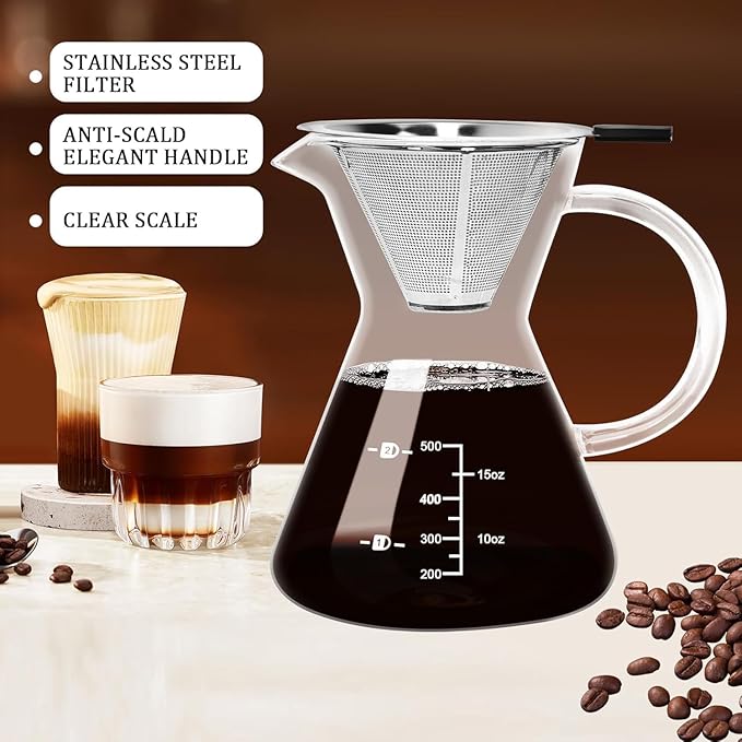 500ML(16.9oz) Glass Pour Over Coffee Maker with Double Stainless Filte - 4 Cup (Approx Refers to 4 oz. Per Cup) Thickened Heat-Resistant Paperless Pour Over Coffee Dripper Perfect Extraction for Home