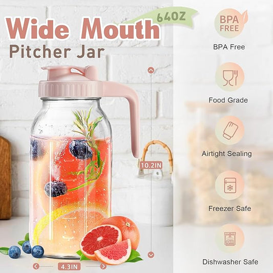 Mason Jar with Pour Spout Lid V-shaped, 2 Quart Iced Tea Pitcher Double Leak Proof, 64 oz Drink Pitcher for Breastmilk, Sun Tea, Juice, Coffee Creamer, Formula Pitche