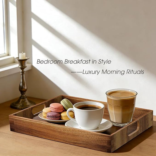 Acacia Serving Trays - 2 Pack, Acacia Wood Serving Platterss, Wood Serving Tray, Decorative Trays for Breakfast, Brunch, Dinner, Coffee Table, Party, Kitchen-M