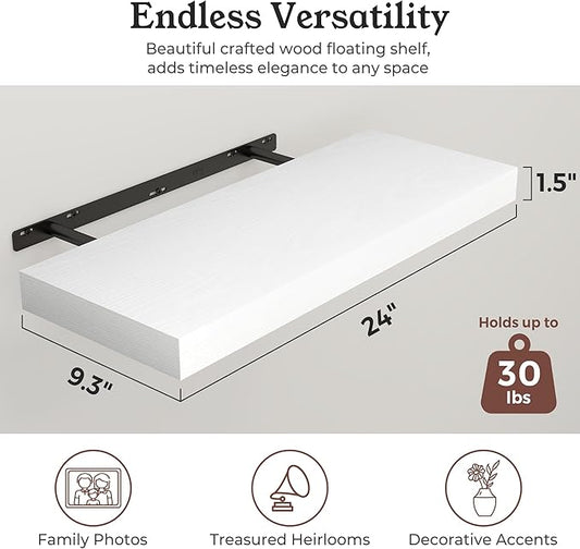 Floating Shelves for Wall, 9.3" Deep Wall Mounted Wood Shelves for Bathroom, Bedroom, Living Room, Kitchen, Hanging Shelf for Books/Storage/Room Decor (White, 24")