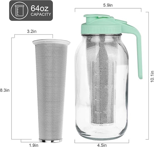 Cold Brew Coffee Maker,64 oz Wide Mouth Mason Jar Pitcher with Stainless Steel Filter, Pour Spout Handle Lid, Heavy Duty Glass Airtight & Leak-Proof for Iced Coffee Tea & Lemonade-Green