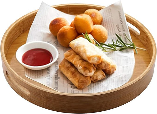 Jucoan 13.8 Inch Large Round Bamboo Serving Tray, Bamboo Wood Circle Tray with Handles, Round Ottoman Food Tray for Serving Breakfast, Drinks, Snack on Home Dining Table