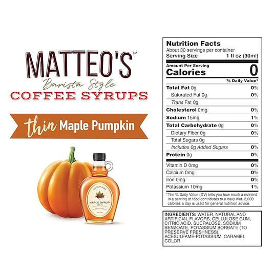 Matteo's Maple Pumpkin Syrup for Coffee, Lattes, Cappuccinos & Desserts – Sugar-Free Sweetener for Beverages, Keto Friendly, Zero Calories, Indulgent Flavor, Non-Alcoholic, 33.8oz (1pk)