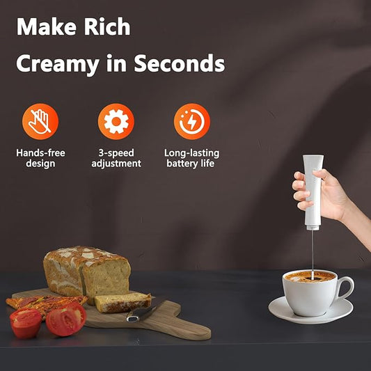 Milk Frother Wand Handheld for Coffee, 2000Mah Rechargeable Drink Mixer With Stand Whisk Cold Electric Foam Maker, 3 Speed Adjustable, Hand Free for Latte, Cappuccino, Matcha, Hot Chocolate, Egg
