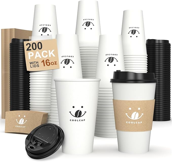 Coolcap Coffee Cups with Lids and Sleeves, 16 Ounce 200 pack To Go Coffee Cups with Lids, Paper Hot Cups for Hot & Cold Beverage (White, 16 Ounce)