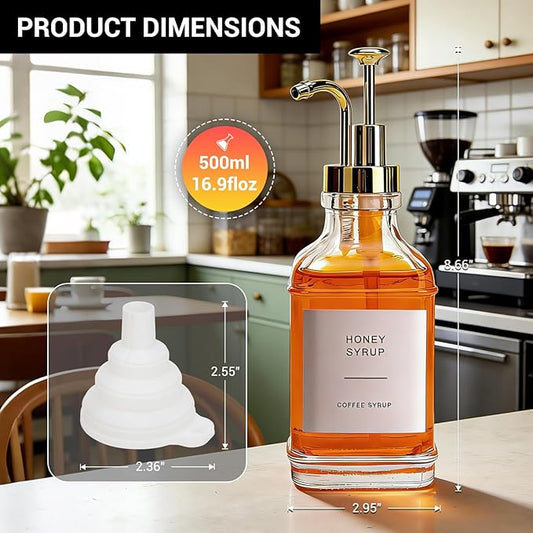 Coffee Syrup Dispenser, Set of 4 Glass Coffee Syrup Bottles 500 ml/16.9 fl oz, Coffee Dispenser with Pump, Includes Funnel and Labels for Coffee Bar (Gold)