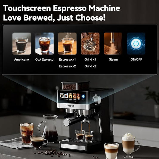 Espresso Machine with Grinder,20Bar Compact Espresso Maker with Steam Milk Frother,Coffee Maker for Home - Cappuccino Latte & Cold Brew Iced Coffee Maker & Americano, Gift for Women or Men