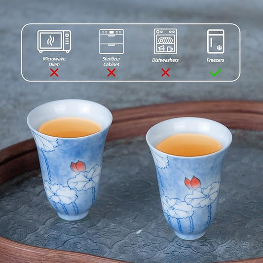 KAMMAK Hand-Painted Ceramic Tea Cup Set of 2 – 1.7oz Vintage Chinese Espresso Mugs, Scented Lotus, Gift for Women & Men