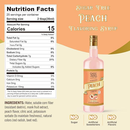ChocZero Sugar Free Peach Flavoring Syrup – Keto Friendly, Zero Sugar & Low Calorie, No Sugar Alcohols – 25.4 Fl Oz