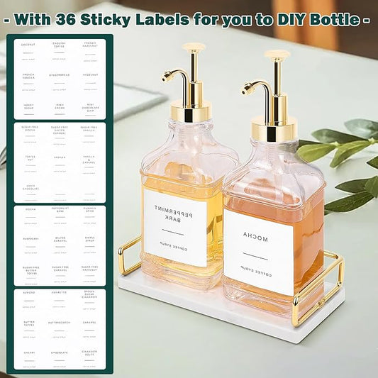 BathAce Coffee Syrup Dispenser for Coffee Bar, Clear Glass Syrup Bottles with Pump, Refillable Maple Syrup Storage, Coffee Station Accessories and Organizer, 500ml, Set of 2 + Tray (Gold)