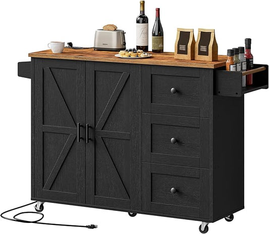 HOOBRO Kitchen Island with Power Outlet, Rolling Kitchen Island on Wheels, Island Table with 3 Large Drawers, Storage Cabinet, Spice Rack and Adjustable Shelf, Black and Rustic Brown BF15UZD01