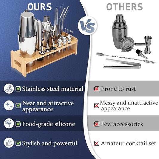 JUSTDOMI 26-Piece Stainless Steel Bar Tool Set Bartender Accessories, Cocktail Shaker Set Bartender Kit with Stand, Cocktails Kit with Muddler for Bar Accessories, Home, Party Cafe Drinks-Style 1