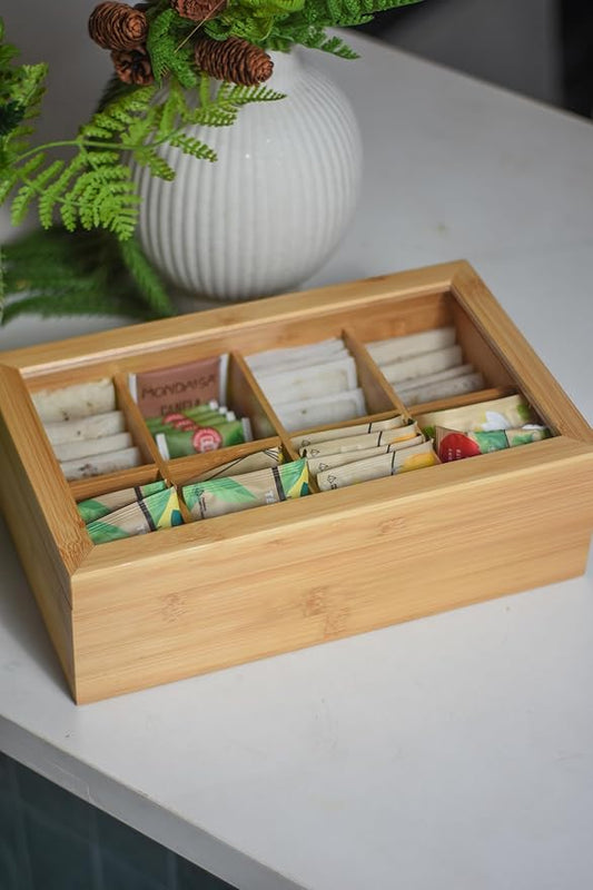 Acacia Wood and Bamboo Tea Bag Organizer - 4 & 8 Compartment Tea Box for Countertop - Tea Station & Coffee Bar Accessories - Fits Large & Craft Tea Bags (Wood, 8 Compartment)