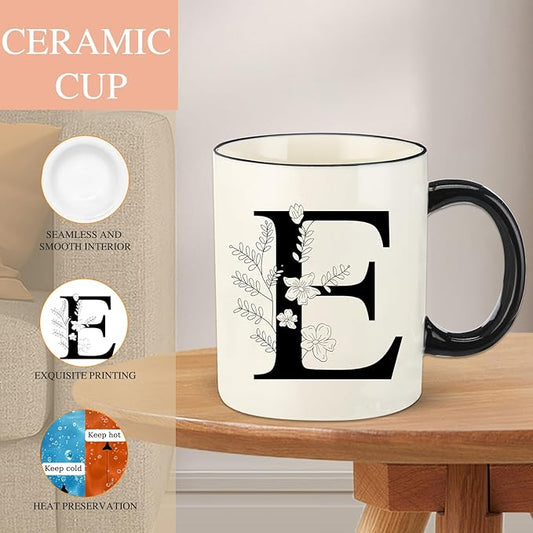 Monogram Ceramic Coffee Mugs, 11 oz Initial Drinking Cup with Gift Box, Unique Birthday Christmas Gifts for Women Wife Mothers Day Grandma Mom Aunt, E