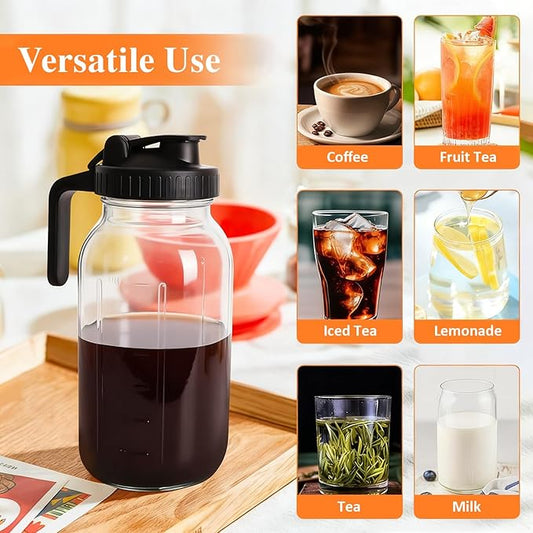 64oz Wide Mouth Mason Jar Pitcher with Handle & Flip Lid, Heavy Duty Glass Cold Brew Coffee Maker, Airtight Leak-Proof Pitcher for Iced Tea, Juice, Lemonade