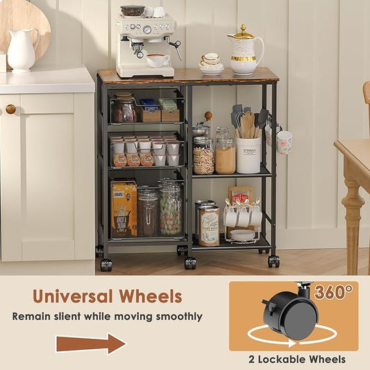 Kitchen Cart with Storage Shelf - Kitchen Organizer and Storage Cart, 3-Tier Microwave Cart with Storage Drawers, Wooden Top Metal Wire Utility Cart with Lockable Wheels for Kitchen