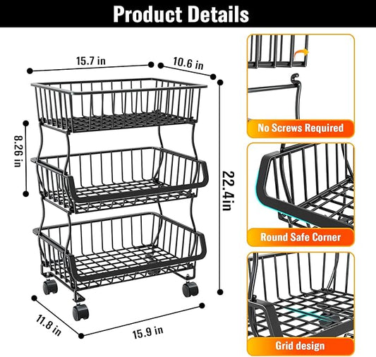 3-Tier Rolling Pantry Organizer and Storage Cart with Wheels – Stackable Wire Snack Cart for Kitchen, Pantry Shelves and Storage Rack for Fruit, Vegetables, Onion, Potato (1 Pack)