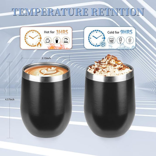 12oz Wine Tumbler with lid, Stainless Steel Travel Mugs Stemless Double Wall Insulated Coffee Cup, Insulated Wine Glasses Travel Tumbler for Cold & Hot Drinks(Black, 1)