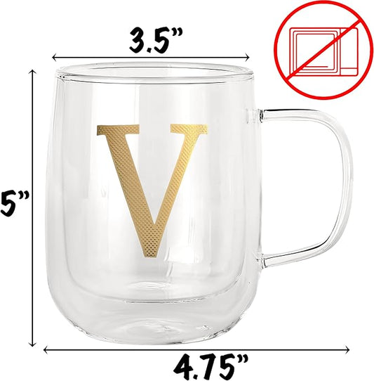 COLLECTIVE HOME - Double Walled Glass Coffee Mugs, Insulated Coffee Mug with Handle, Personalized Gifts for Women, Men, Christmas, 14 oz Monogram Cups (V)