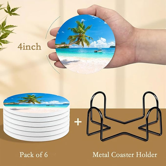 Drink Coasters with Holder,6 Pcs Beach Seaside Design, Water-Absorbent Beverage Pads for Dining Table Decor & Glass Protection