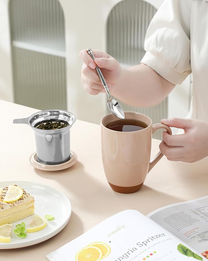 MALACASA Ceramic Tea Mug with Lid and Stainless Steel Infuser, 18 oz Large Tea Cup for Loose Leaf Tea, Heat-Resistant, Microwave & Dishwasher Safe, Speckled Glaze Coffee & Tea Brewer Mug, Khaki Pink