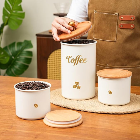 Coffee Canister, 3 pack 2 lb/12 oz/12 oz Large Airtight Coffee Bean Storage Container, Café Grounds Container, Cafe Jar Cafe Holder, Food Storage Container for Flour, Sugar, Tea (White)