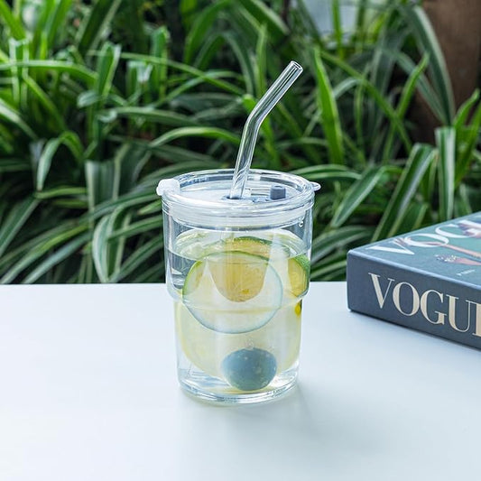 13oz/400ml Tumbler Water Glass, Cups with Straw and Lid Sealed Carry on for Coffee, Iced Tea, Thick Wall Insulated Glass Cup(white)