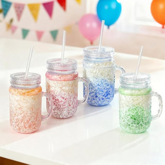 Lily's Home Old Fashioned Glasses with Lids Straws and Handles, 16 oz Set of 4 – Clear Acrylic Tumbler Cups with Color Accents, Reusable Party Drinkware for BBQ, Poolside, Outdoor Events & Home Bar