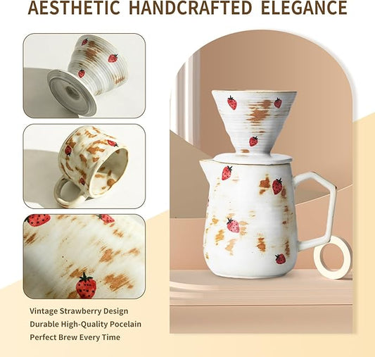 Handcrafted Pour Over Coffee Maker Set with Coffee Cup with Strawberry Pattern 20 Count Paper Filter V60 Drip Coffee Maker 20 oz Coffee Dripper (Strawberry)