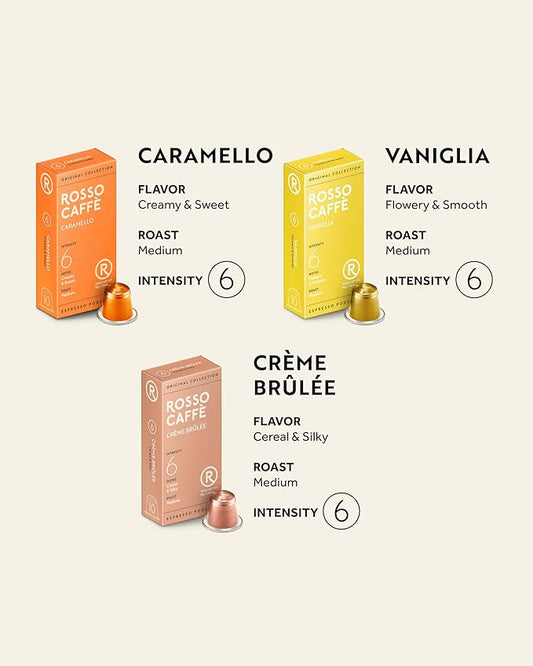 Nespresso Compatible Capsules - Sweet Flavors Pack (60 Pods) - Fit to All Nespresso Original Line Machine - By Rosso Caffe - 60 Days Satisfaction Guarantee