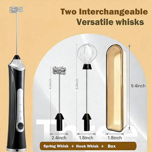 Handheld Electric Milk Frother with 2 Heads, Coffee Whisk Foam Mixer with USB Rechargeable 3 Speeds, Foam Maker Blender for Latte, Cappuccino, Hot Chocolate, Egg (Black with 2Head+Box)