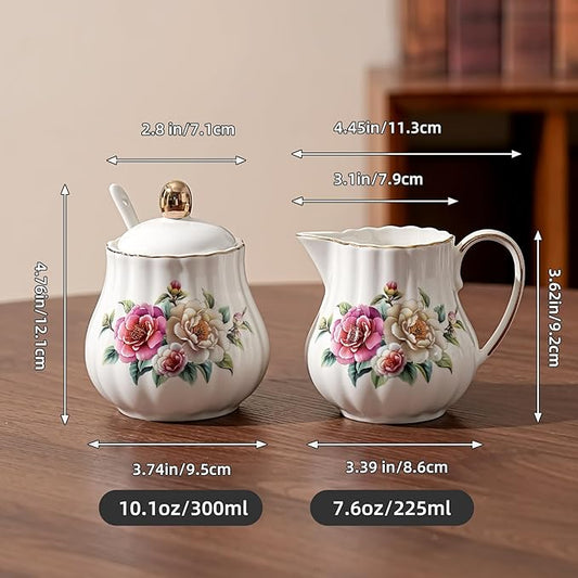 Ceramic Sugar and Creamer Set, 3 Piece Set with Cream Pitcher, Sugar Bowl, Spoon (Camellia)